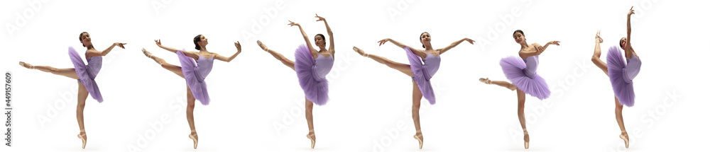 Development of movements of one beautiful ballerina dancing isolated on white background. Concept of art, theater, beauty and creativity - obrazy, fototapety, plakaty 