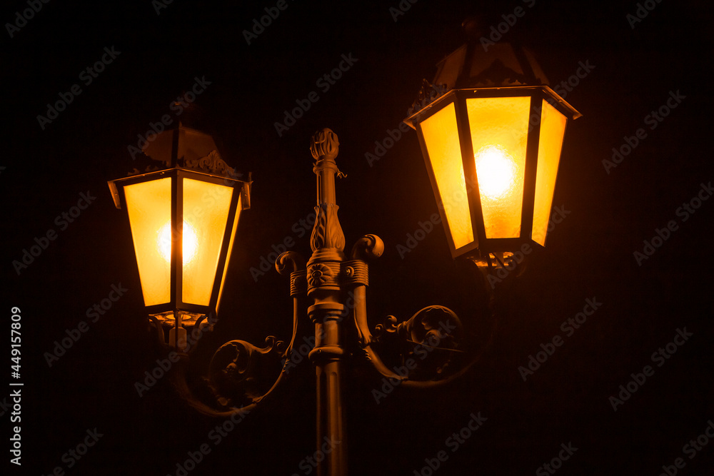 close up of street lamp at night