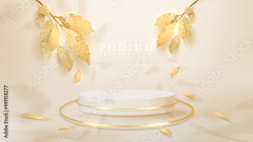 White podium with golden leaves with falling shadows, 3d style realistic luxury background, Empty space to place products or text for advertising. vector illustration.