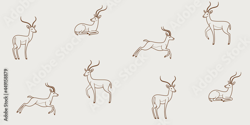 Cartoon happy antelope - seamless trendy pattern with animal in various poses. Contour vector illustration for prints, clothing, packaging and postcards.