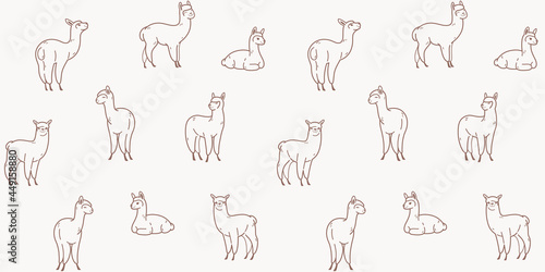 Simple seamless trendy pattern with alpaca. Contour design vector print.