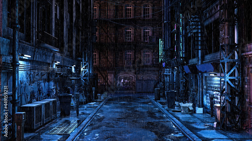 3D illustration of a dark seedy futuristic urban back street alley at night in the rain. Cyberpunk concept. photo