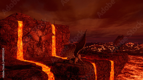 Tableau sur toile 3D illustration of a dark burning hell landscape with lava flows.