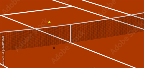 terrain ou court de tennis avec une balle jaune passant sur le filet photo