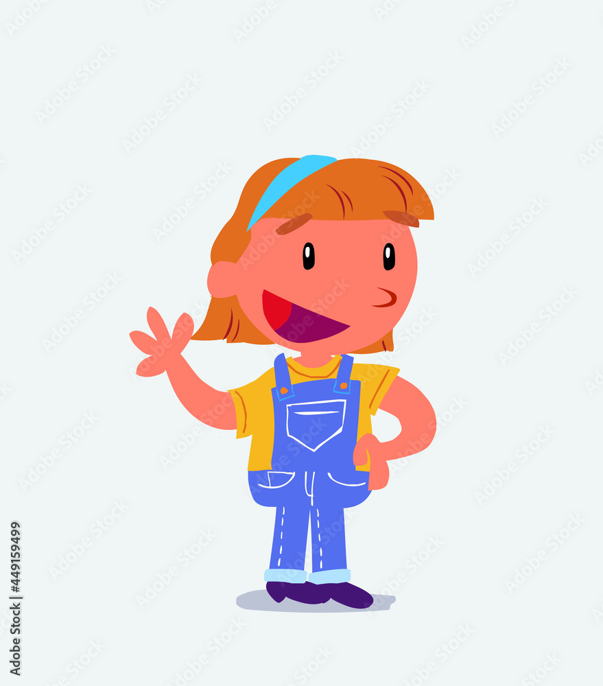 cartoon character of little girl on jeans waving happily. cartoon character of little girl on jeans waving happily.