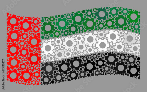 Mosaic waving United Arab Emirates flag designed with machinery items. Vector cog wheel mosaic waving United Arab Emirates flag designed for production propaganda.