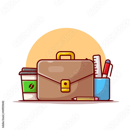 Office Bag with Coffee and Stationery Cartoon Vector Icon Illustration. Business Object Icon Concept Isolated Premium Vector. Flat Cartoon Style photo