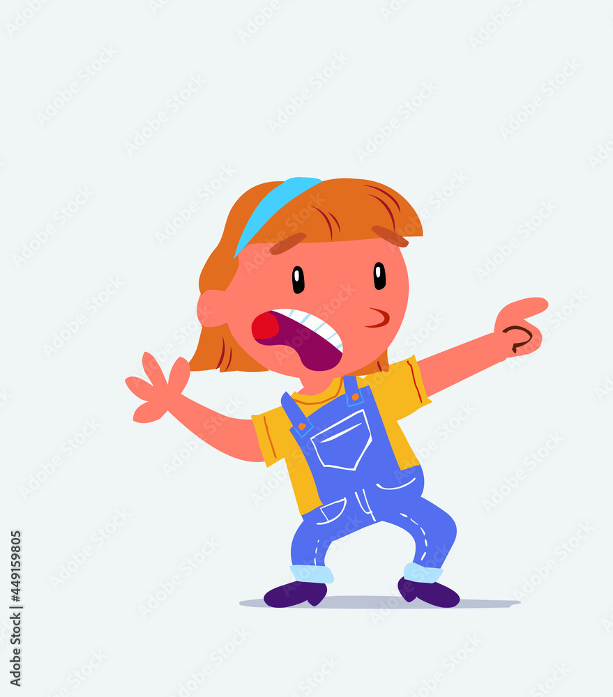 Scared cartoon character of little girl on jeans points to the side.