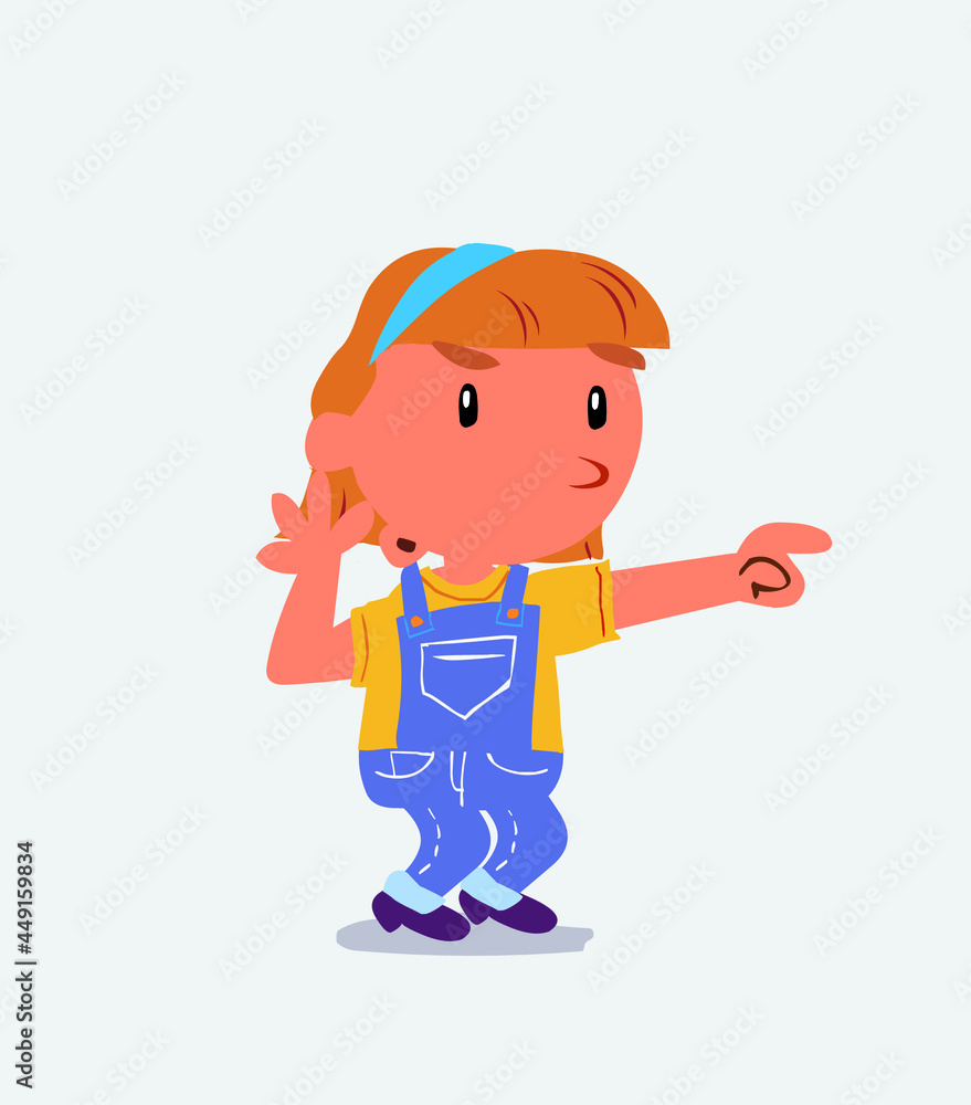 Surprised cartoon character of little girl on jeans points to something. Surprised cartoon character of little girl on jeans points to something.