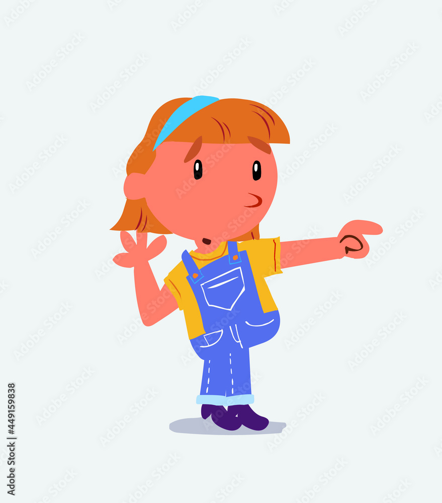 Surprised cartoon character of little girl on jeans points to something to his side. Surprised cartoon character of little girl on jeans points to something to his side.