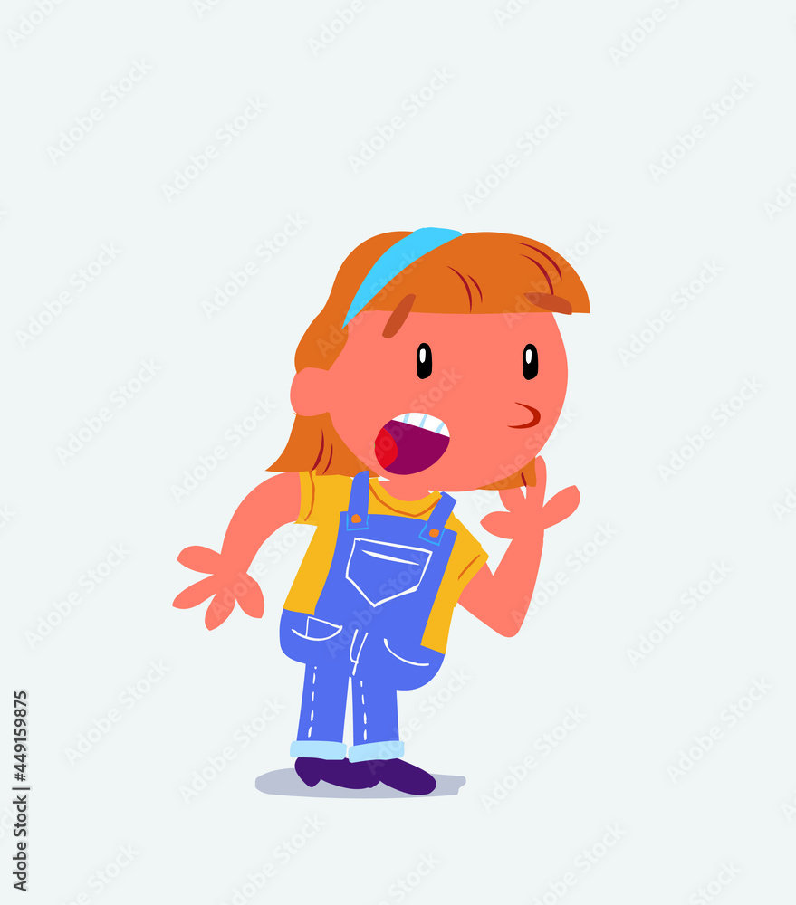 Unpleasantly surprised cartoon character of little girl on jeans looks to the side. Unpleasantly surprised cartoon character of little girl on jeans looks to the side.