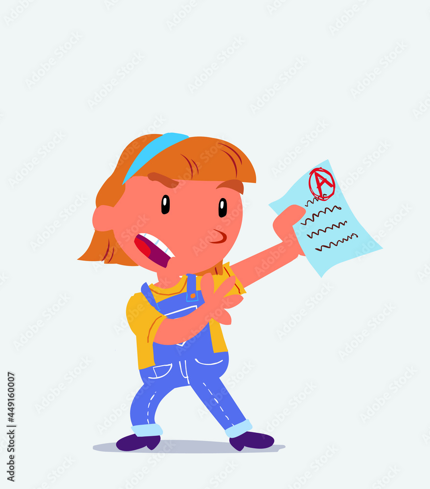 cartoon character of little girl on jeans arguing effusively with exam in hand. cartoon character of little girl on jeans arguing effusively with exam in hand.