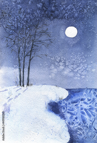 Winter landscape with snow, trees, moon and lake. Hand drawn watercolor illustration.