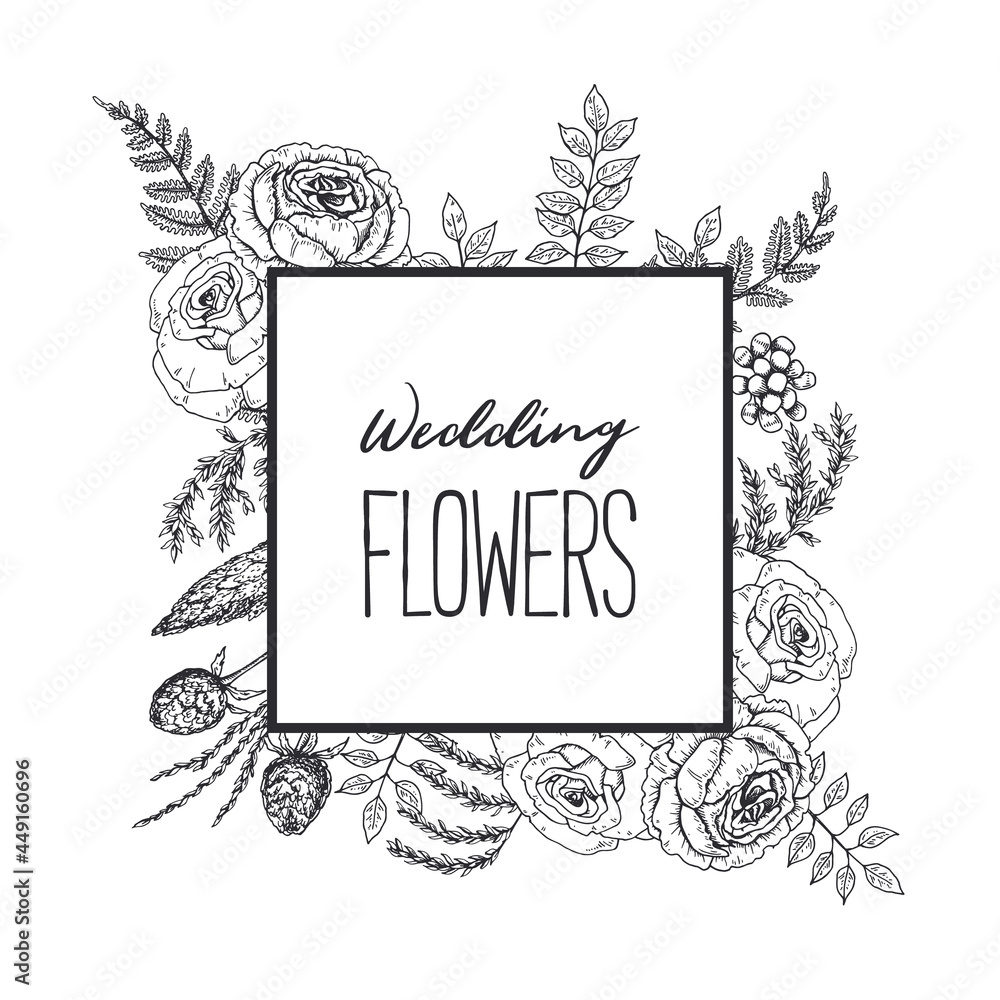 Hand drawn botany frame with hand drawn elements. Design for logo, prints and invitations Hand drawn botany frame with hand drawn elements. Design for logo, prints and invitations