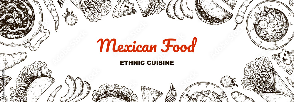 Hand drawn Mexican food horizontal banner. Vector illustration in sketch style