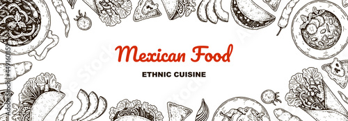 Hand drawn Mexican food horizontal banner. Vector illustration in sketch style