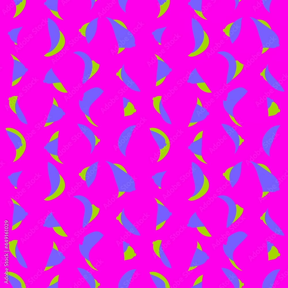 Abstract pink, blue seamless pattern. Geometric shapes, plastic shapes, spots, lines. Bright colored shapes. Pattern for fabric, textile, clothing, paper, packaging.