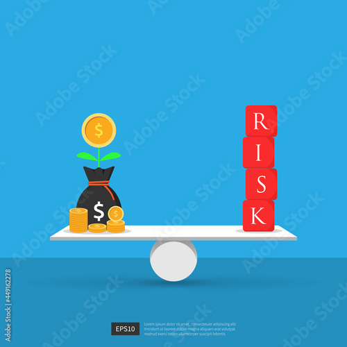 Risk analysis and management concept. Dollar and risk on basic balance scale vector illustration