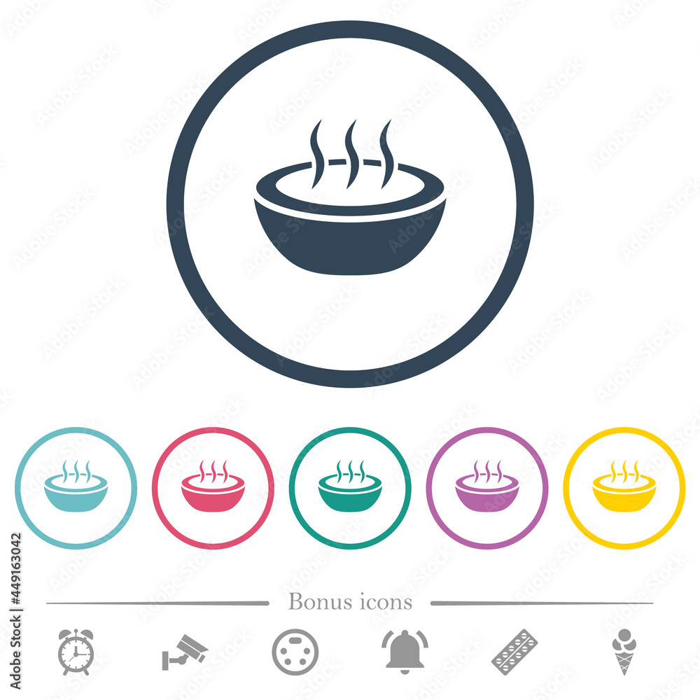 Steaming bowl flat color icons in round outlines Steaming bowl flat color icons in round outlines