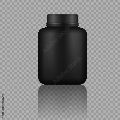Whey protein in black plastic jar, bottle. 