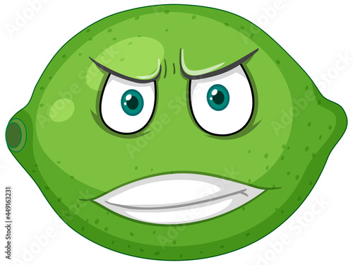 Green lemon cartoon character with angry face expression on white background