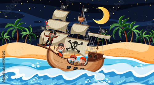 Beach with Pirate ship at night scene in cartoon style