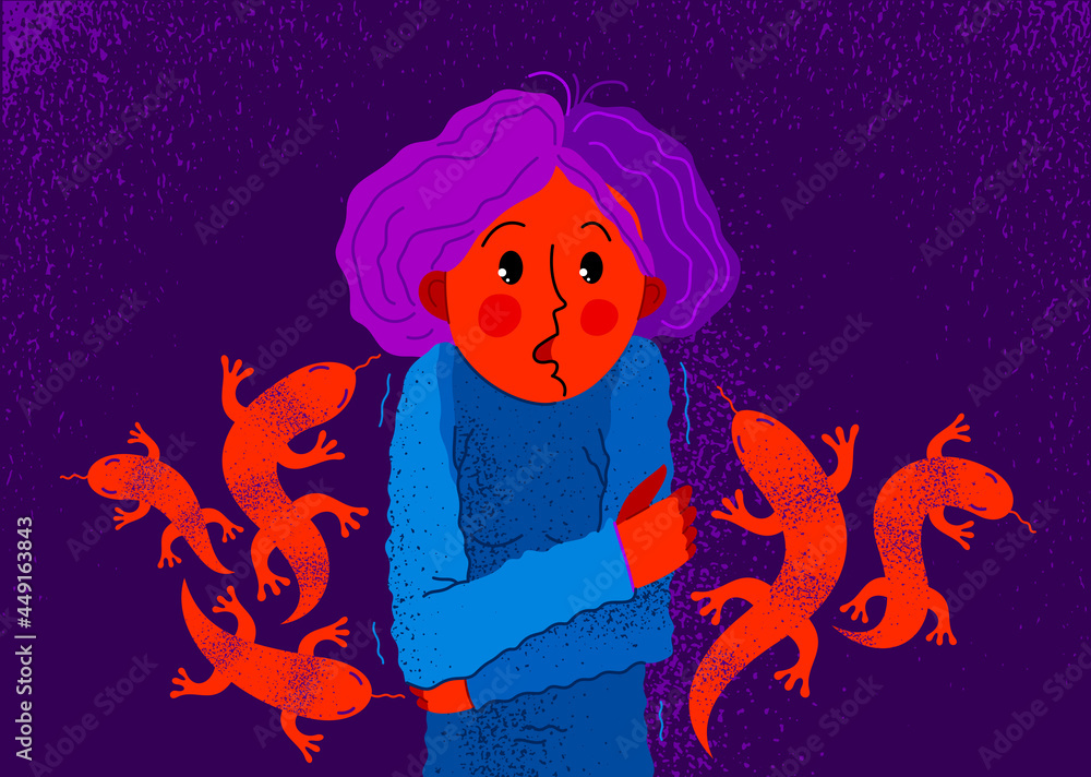 Herpetophobia fear of reptiles snakes and lizards vector illustration, girl surrounded by imaginary reptiles in panic attack and fear, mental health concept.
