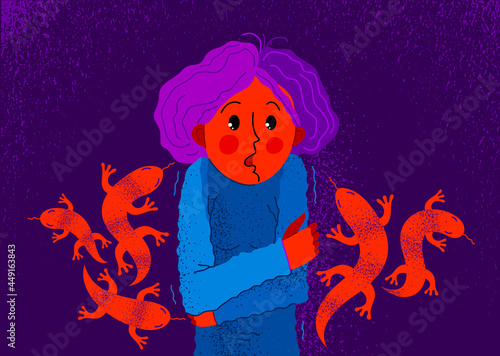 Herpetophobia fear of reptiles snakes and lizards vector illustration, girl surrounded by imaginary reptiles in panic attack and fear, mental health concept.