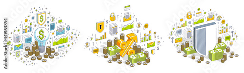 Different finance concepts illustrations 3D vector set isolated on white background, business and money conceptual designs collection, savings, bank, contract, income, safety, online.