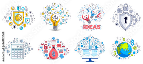 Different business money and finance concepts vector illustrations set, trendy design drawings commercial theme collection, a lot of icons and symbols included, elements can be used separately.