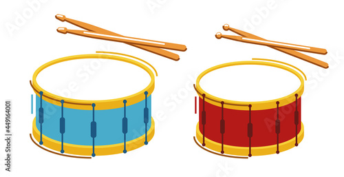 Drum musical instrument vector flat illustration isolated over white background, snare drum design.