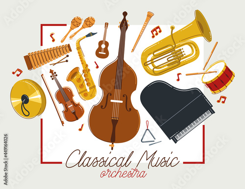Classical music instruments poster vector flat style illustration, classic orchestra acoustic flyer or banner, concert or festival live sound, diversity of musical tools.