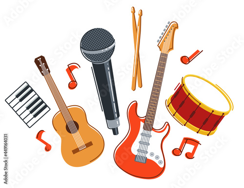 Rock music band vector flat illustration isolated over white background, hard rock and heavy metal live sound festival or concert, rock n roll musical band playing, night club party.