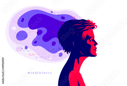 Woman profile with abstract fluid shapes in motion from his head vector illustration, mindfulness philosophical and psychological theme, meditation and awareness.