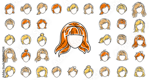 Woman hairstyles heads vector illustrations set isolated on white background, girl attractive beautiful haircuts collection, different hair color.