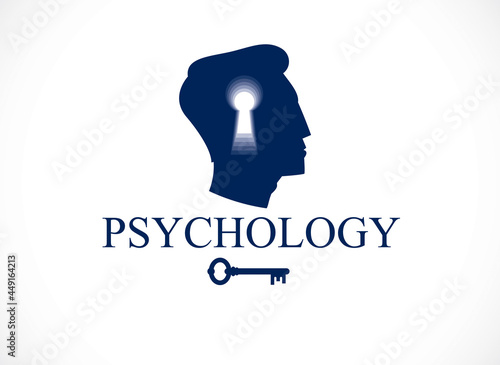 Psychology and mental health concept, created with man head profile and keyhole, psychoanalysis as a key to human nature, individuality and psychic problems. Vector logo or icon design.