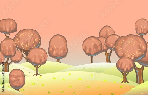 Chocolate trees landscape. Fairy tale garden. Summer fantasy scene. Perspiration. Cartoon style. Sky. Childrens dream illustration. Vector