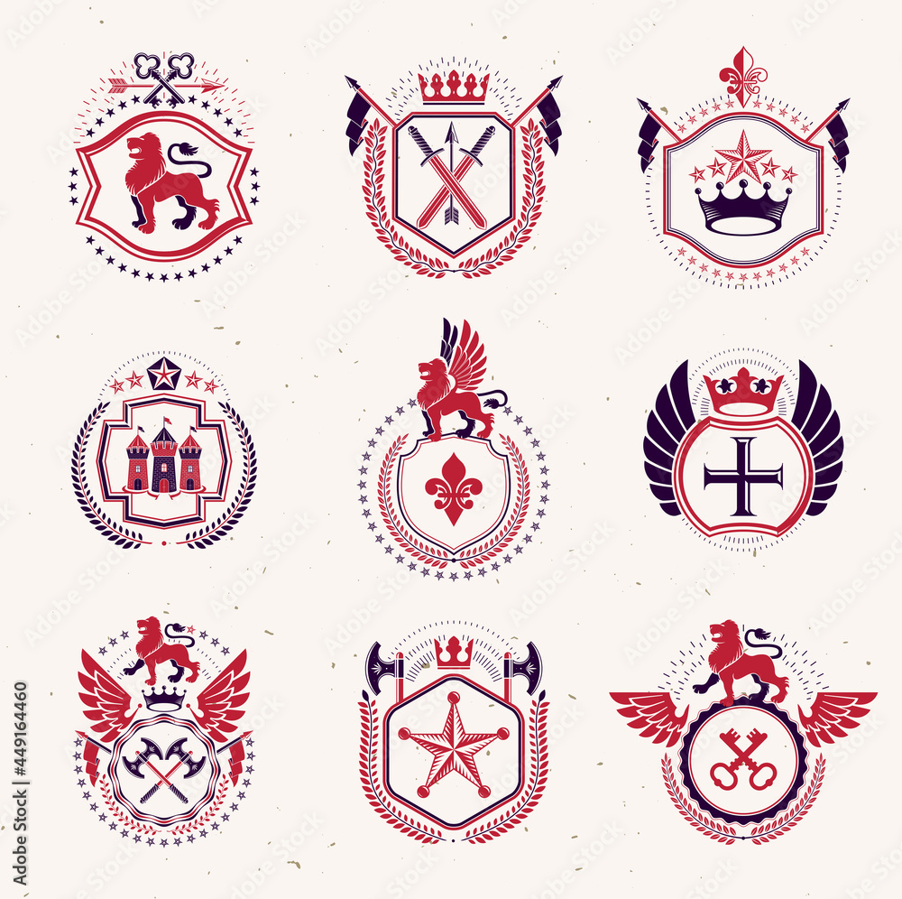 Fototapeta premium Set of vector retro vintage insignias created with design elements like medieval castles, armory, wild animals, imperial crowns. Collection of coat of arms.