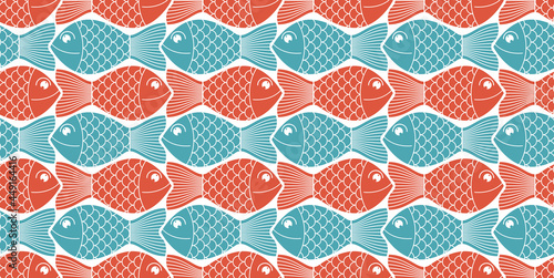 Funny cartoon fishes vector seamless background, cute childish pattern for children textile or wrapping paper or packaging for seafood products.