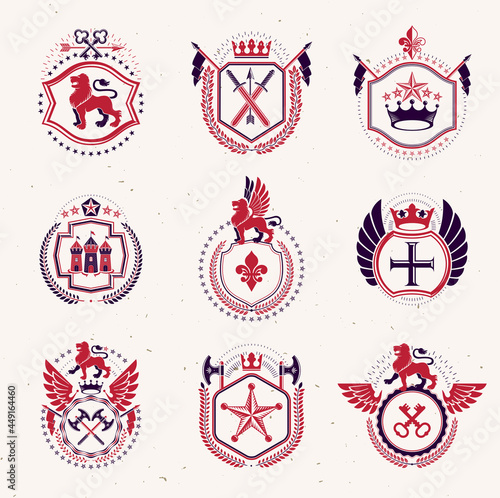 Set of vector retro vintage insignias created with design elements like medieval castles, armory, wild animals, imperial crowns. Collection of coat of arms.