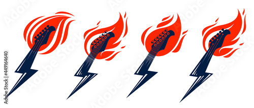 Electric guitar headstock in a shape of lightning on fire, hot rock music in flames, Hard Rock or Rock and Roll concert or festival labels, night club live show band performance, vector logos set.