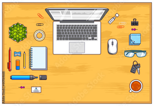 Wooden work desk workspace top view with laptop computer and a lot of different stationery objects on table with copy space. All elements are easy to use separately or recompose illustration. Vector.