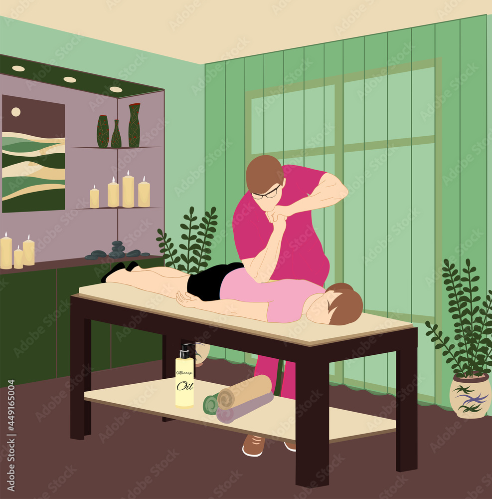 woman receiving full body massage at modern spa. Relaxed woman getting back massage with professional chiropractor. Relaxation concept. manual therapy, massage room interior. Vector illustration woman receiving full body massage at modern spa. Relaxed woman getting back massage with professional chiropractor. Relaxation concept. manual therapy, massage room interior. Vector illustration