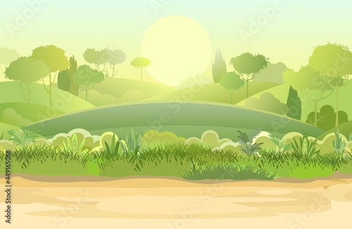 Horizontally Road. Amusing beautiful forest landscape. Cartoon style. The path through the hills with grass. Trail. Cool romantic pretty. Flat design illustration. Vector art