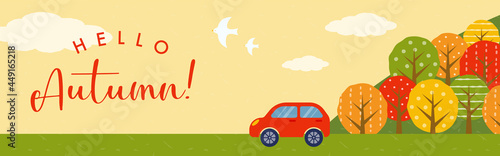 vector background with autumn landscape with a car for banners, cards, flyers, social media wallpapers, etc.