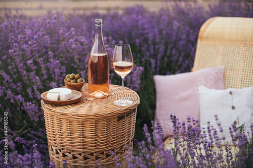 Wicker chair and table with glass of wine, fresh brie cheese and olives in lavender field.