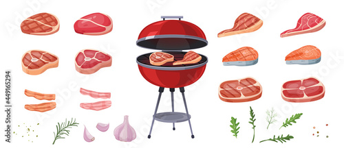 Set for barbecue party with meat, spices and round BBQ charcoal grill. Cartoon style vector illustration on white background. Realistic BBQ charcoal grill with hot coals. Vector cartoon illustration