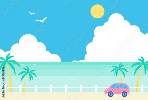 vector background with a car driving along the coast in summer for banners, cards, flyers, social media wallpapers, etc.