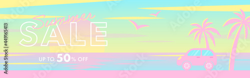 vector background with sunset on the beach with palms and a car for banners, cards, flyers, social media wallpapers, etc.