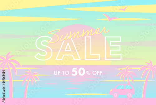 vector background with sunset on the beach with palms and a car for banners, cards, flyers, social media wallpapers, etc.